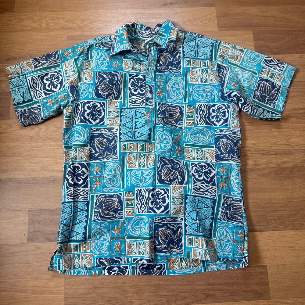Vintage 90's Go Barefoot Trader Joes Uniform Blue Hawaiian Floral Polo Shirt L